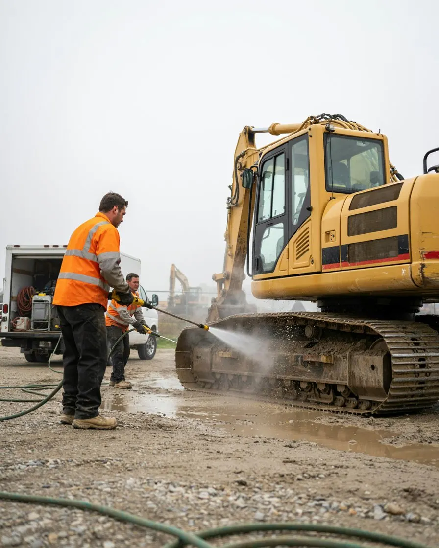 Heavy equipment pressure washing an excavator in Toronto